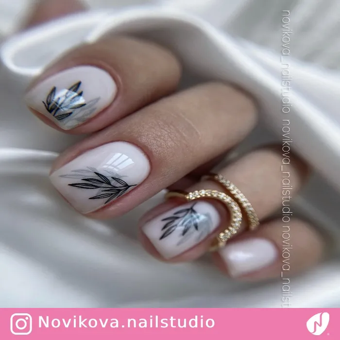 Short Nails with Silhouette Leaves